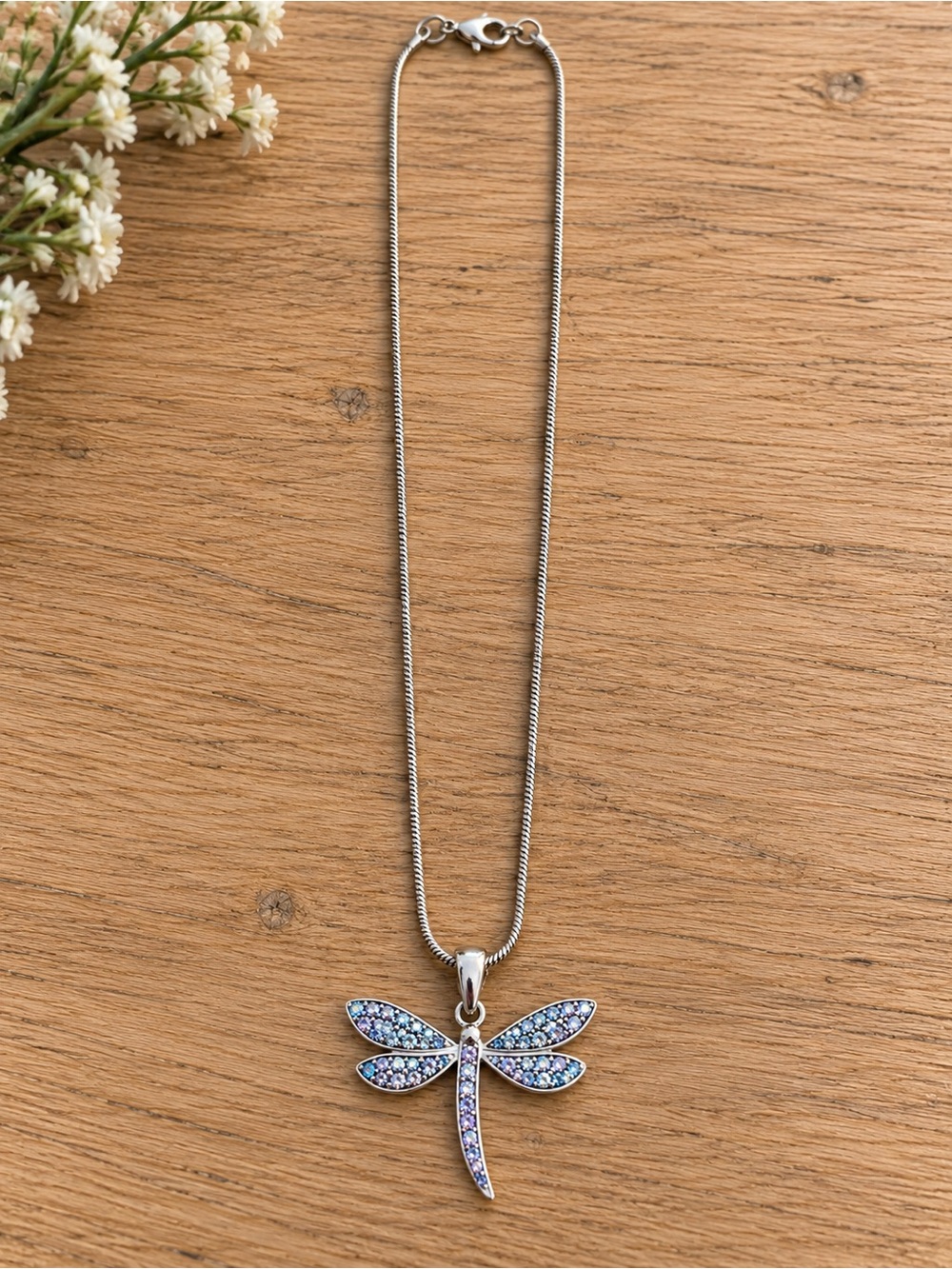 925 Sterling Silver Dragonfly Crystal Necklace 20” Chain
